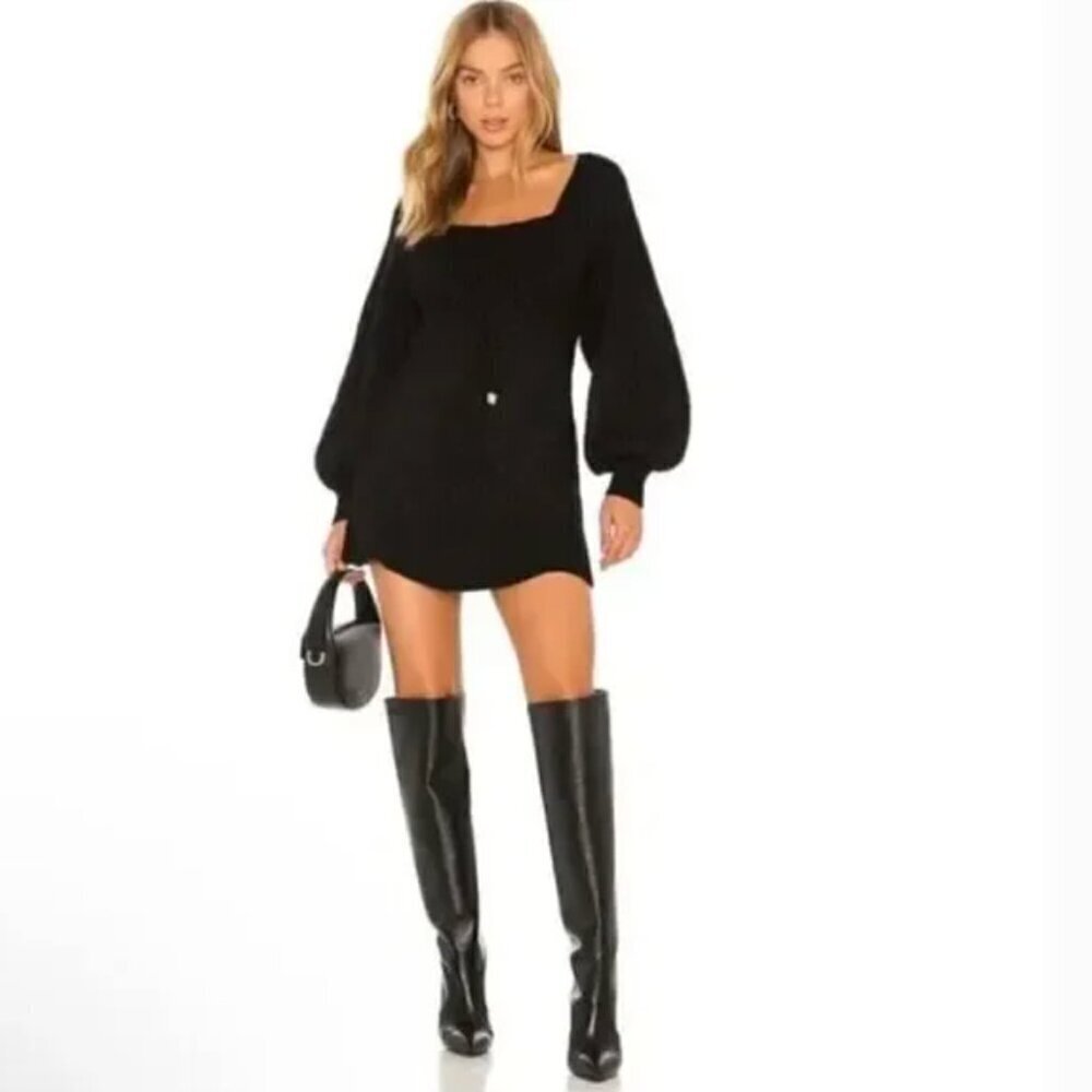 NWT Free People Emmaline Black Balloon Sleeve Knit Sweater Mini Dress Size Large